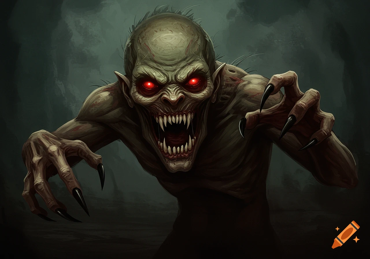 A scary green monster with red eyes, sharp teeth, and claws lunges forward.