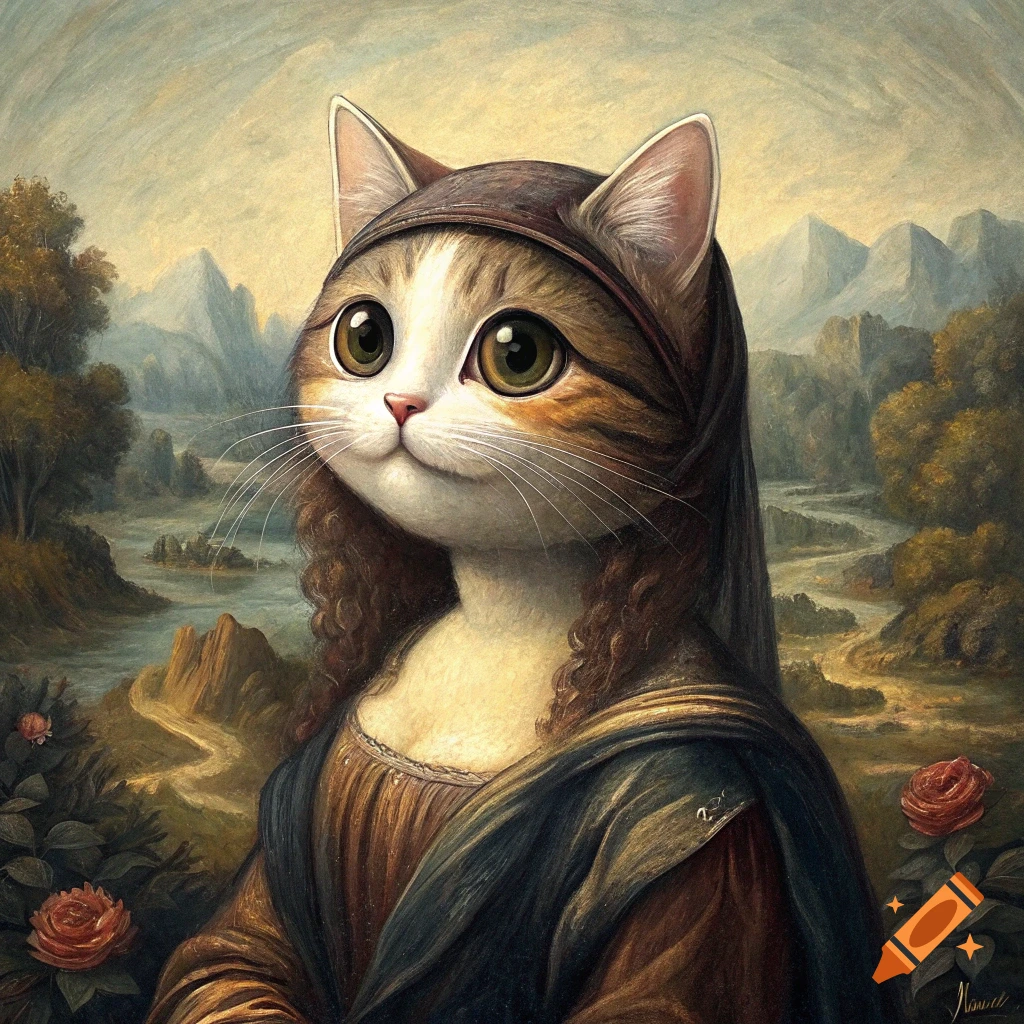 A cat's face is composited onto the body of the Mona Lisa in a painted style.