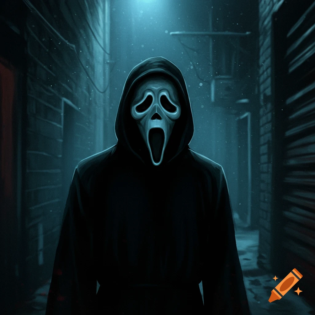 Ghostface standing in a dark, eerie alleyway.