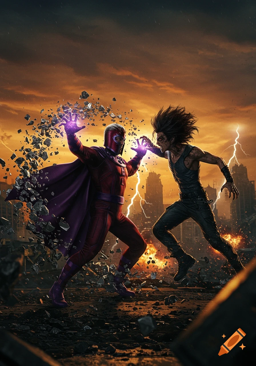 Magneto battles a dark figure in a ruined city under stormy skies, manipulating debris with magnetic power.