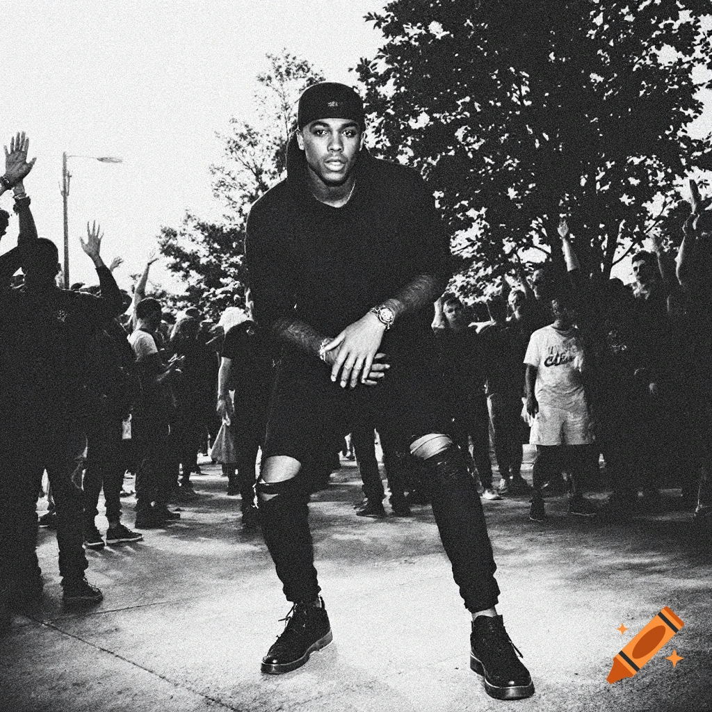 Monochrome photo of a person in ripped jeans posing in front of a crowd with hands raised.