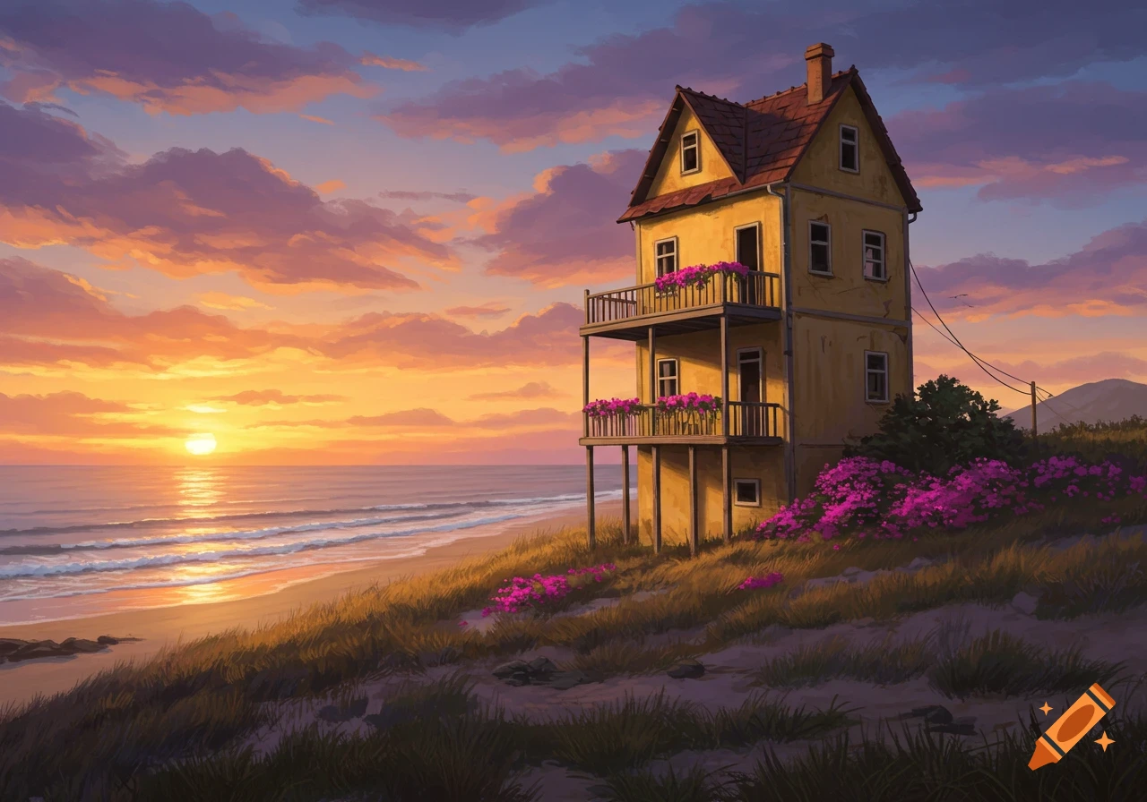 A house on a hill overlooking a beach at sunset with flowers.