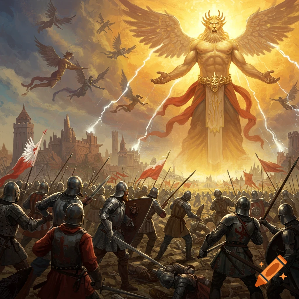 A giant divine figure overlooking a battle between soldiers with Polish flags outside a castle.