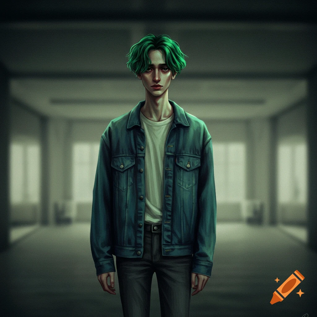 A person with green hair and a denim jacket stands in a dimly lit room.