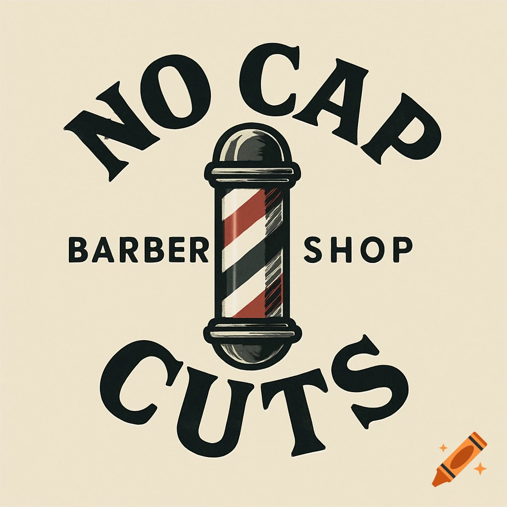 Barbershop logo with a barber pole and the text 'No Cap Barber Shop Cuts'.