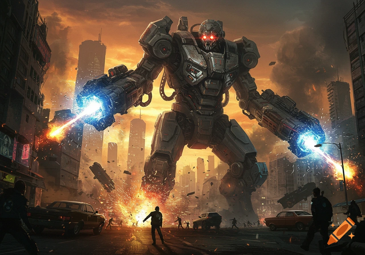 Giant robot attacks a city with energy blasts and explosions.