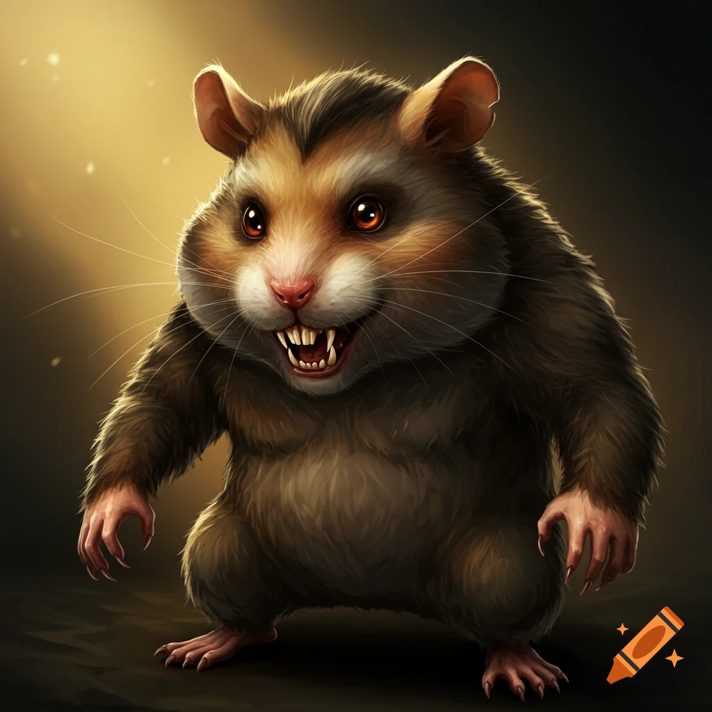 A ferocious-looking humanoid hamster creature with fangs and claws.