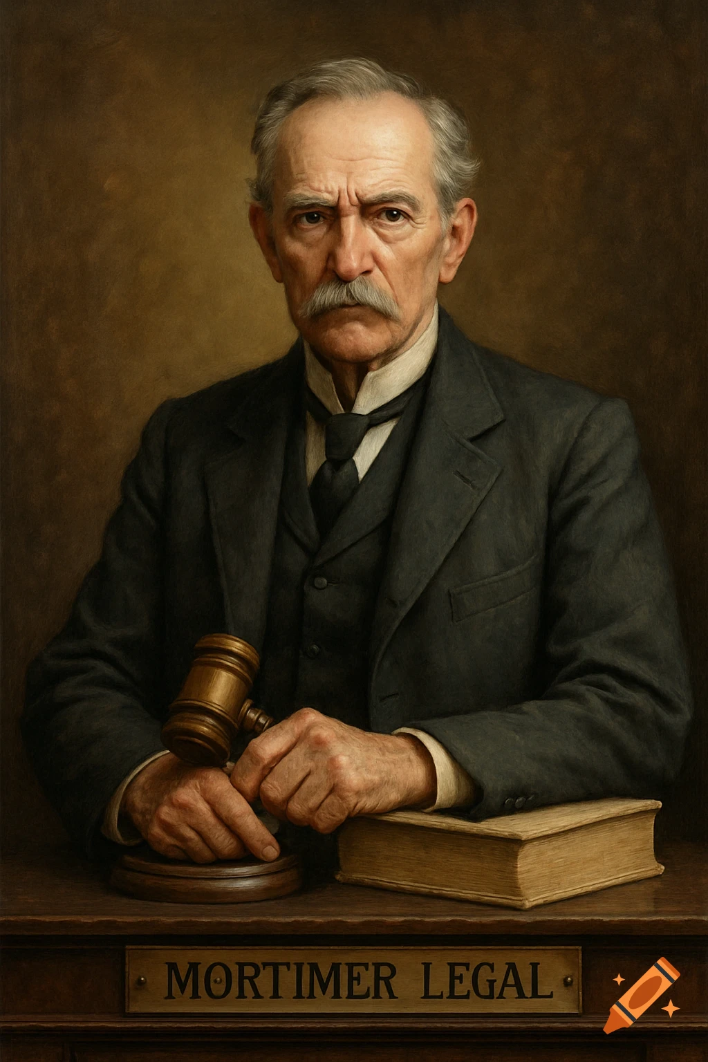 A man in a suit holds a gavel and book, standing behind a desk with a 'Mortimer Legal' nameplate.