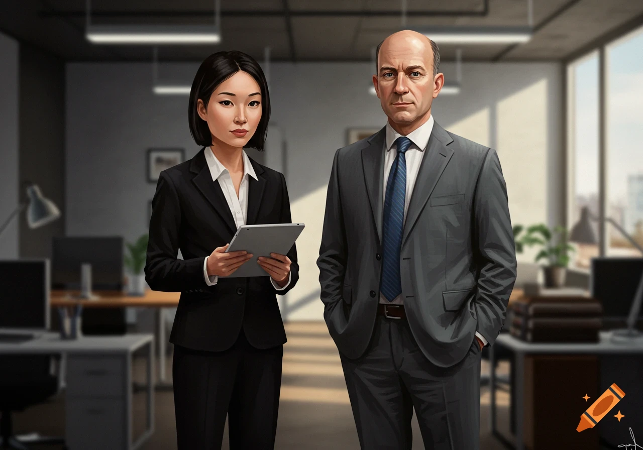 A man and woman in business attire standing in an office.