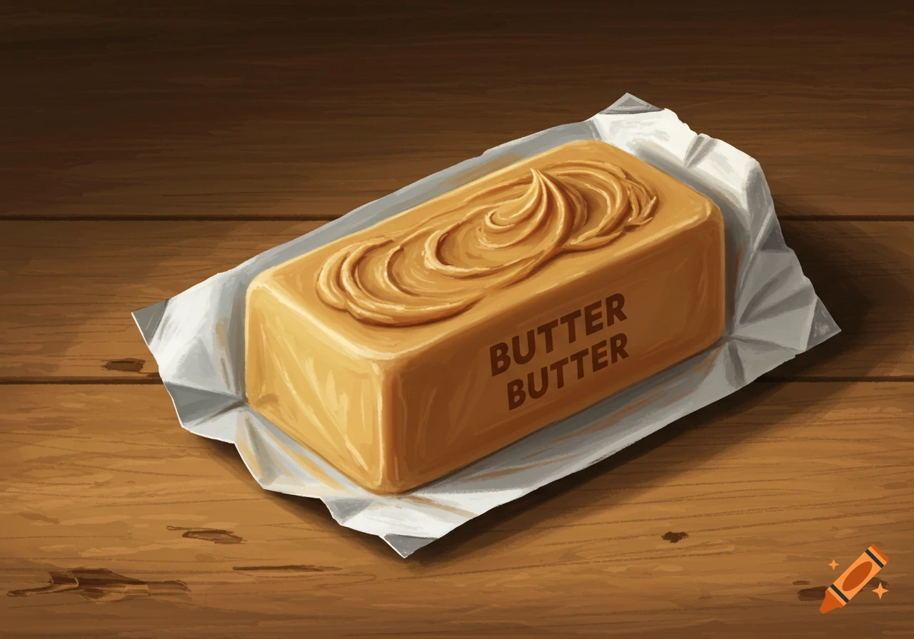 A stick of peanut butter that looks like butter on a wooden table.