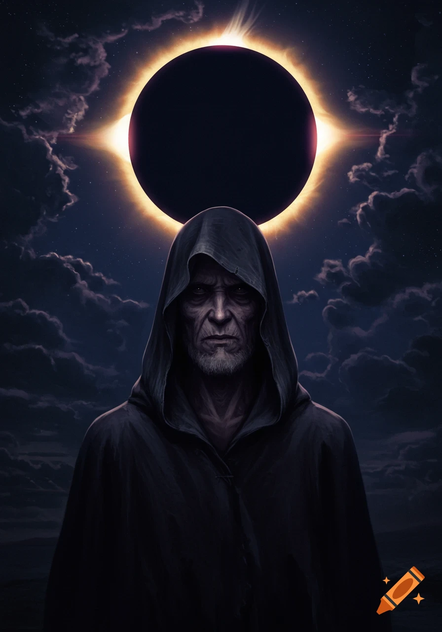 A cloaked figure standing under a total solar eclipse with dark clouds.