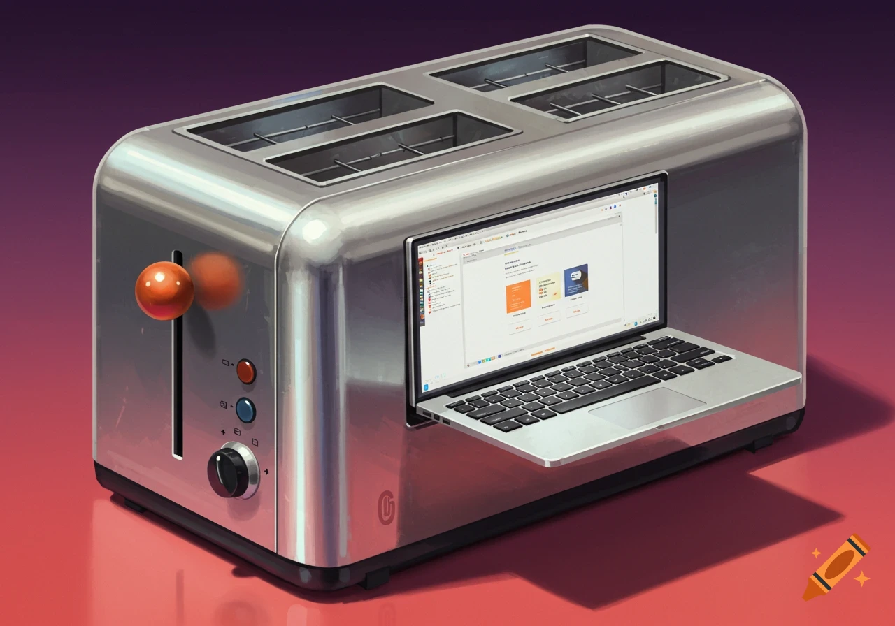 An image of a toaster with a laptop screen and keyboard on its side