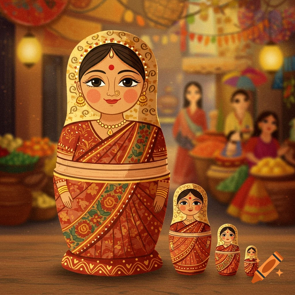 Four South Asian nesting dolls in traditional clothing in a market