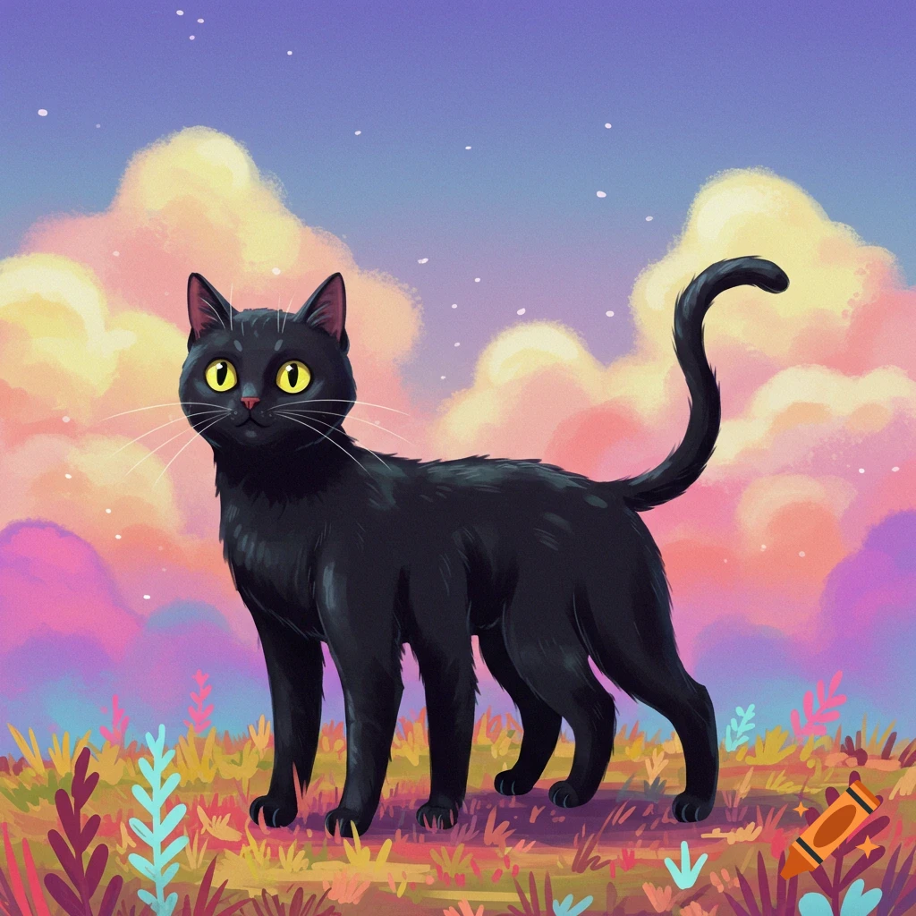A black cat stands in a colorful, stylized landscape under a pink and purple sky.