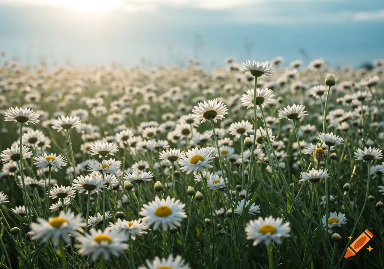 A field of white daisies with yellow centers in soft sunlight.