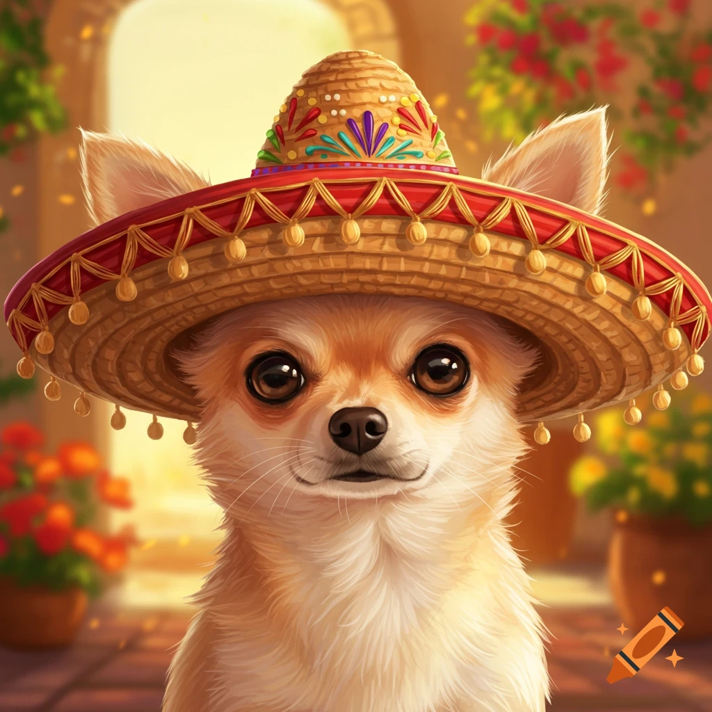 Image of a chihuahua dog wearing a Spanish sombrero