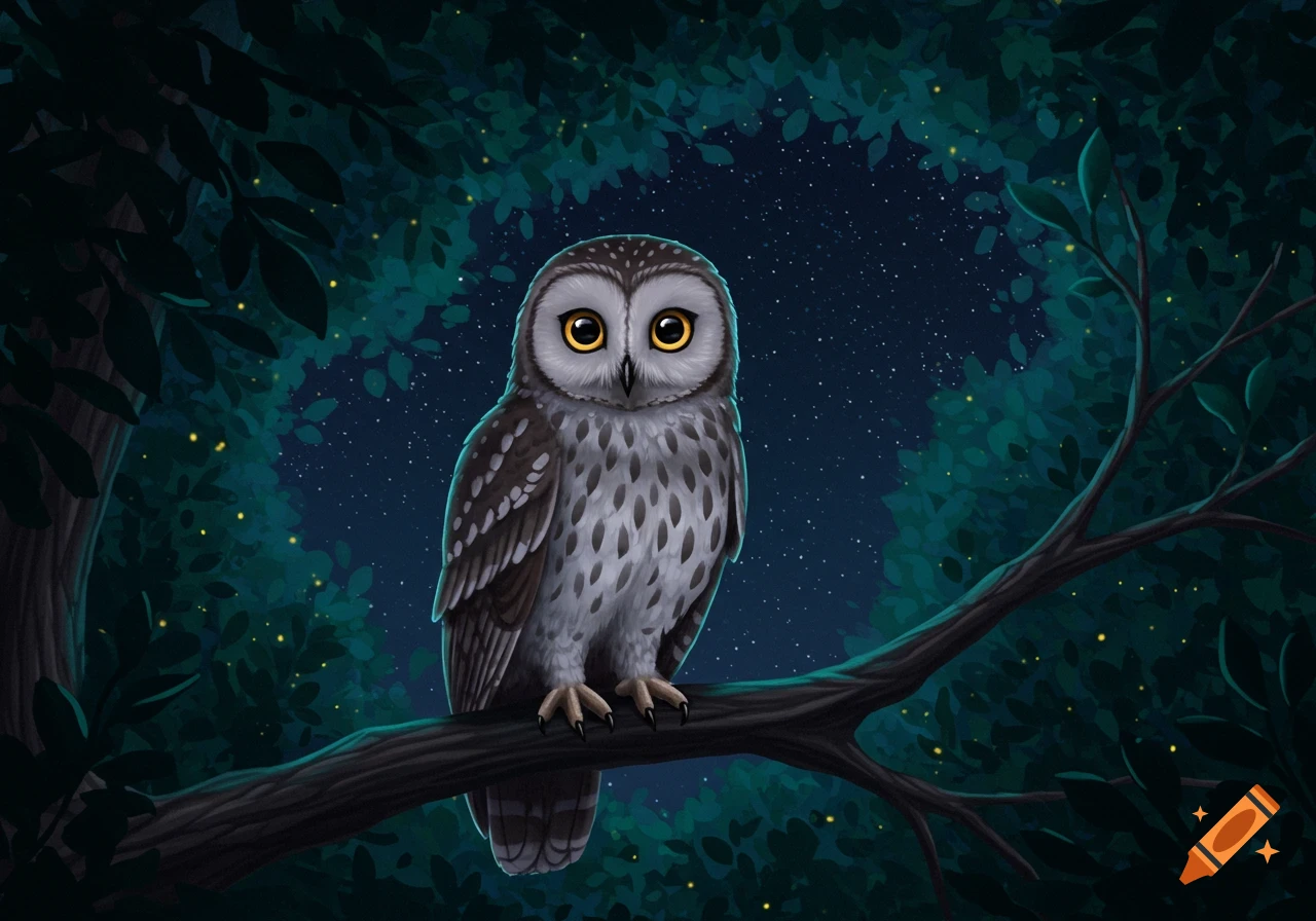 An owl perched on a tree branch in a forest at night under a starry sky.