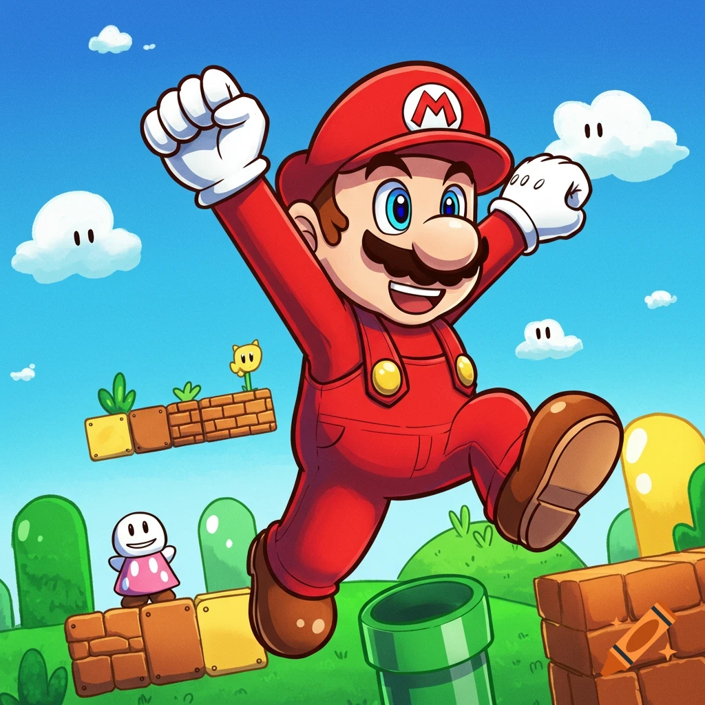 Mario jumping in a Super Mario level with enemies