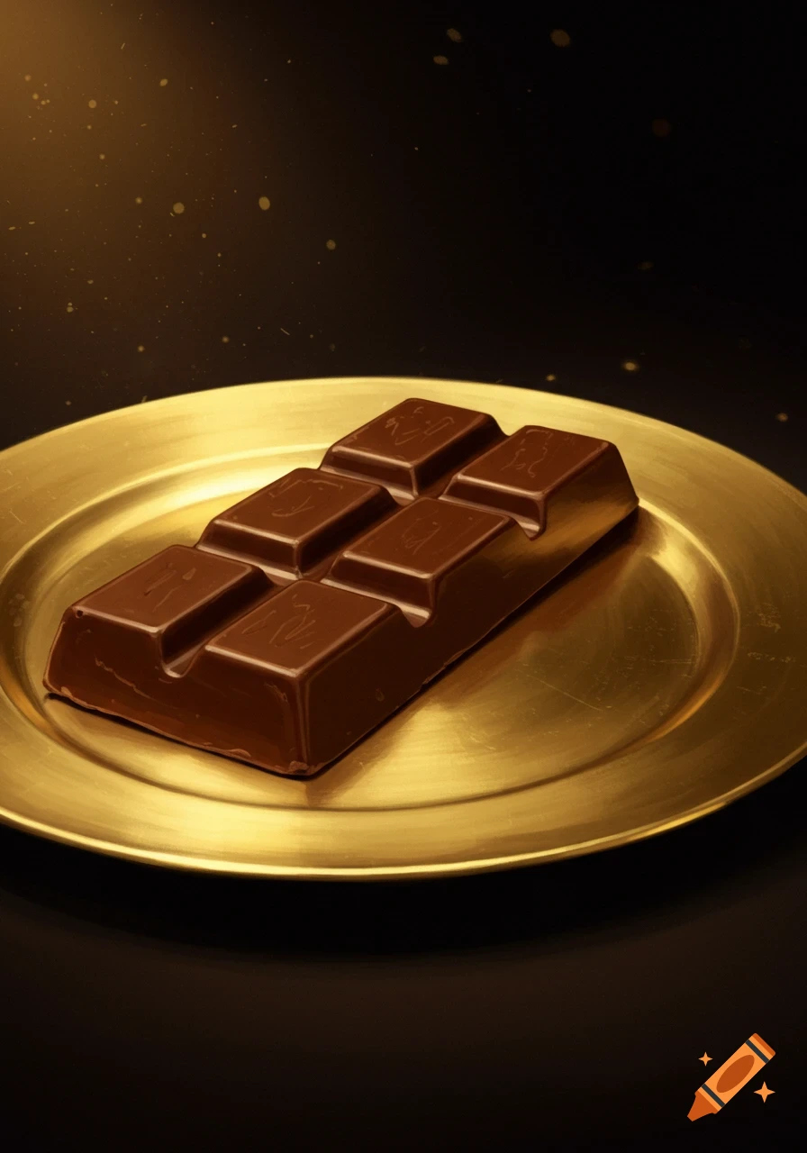 A chocolate bar rests on a gold plate.