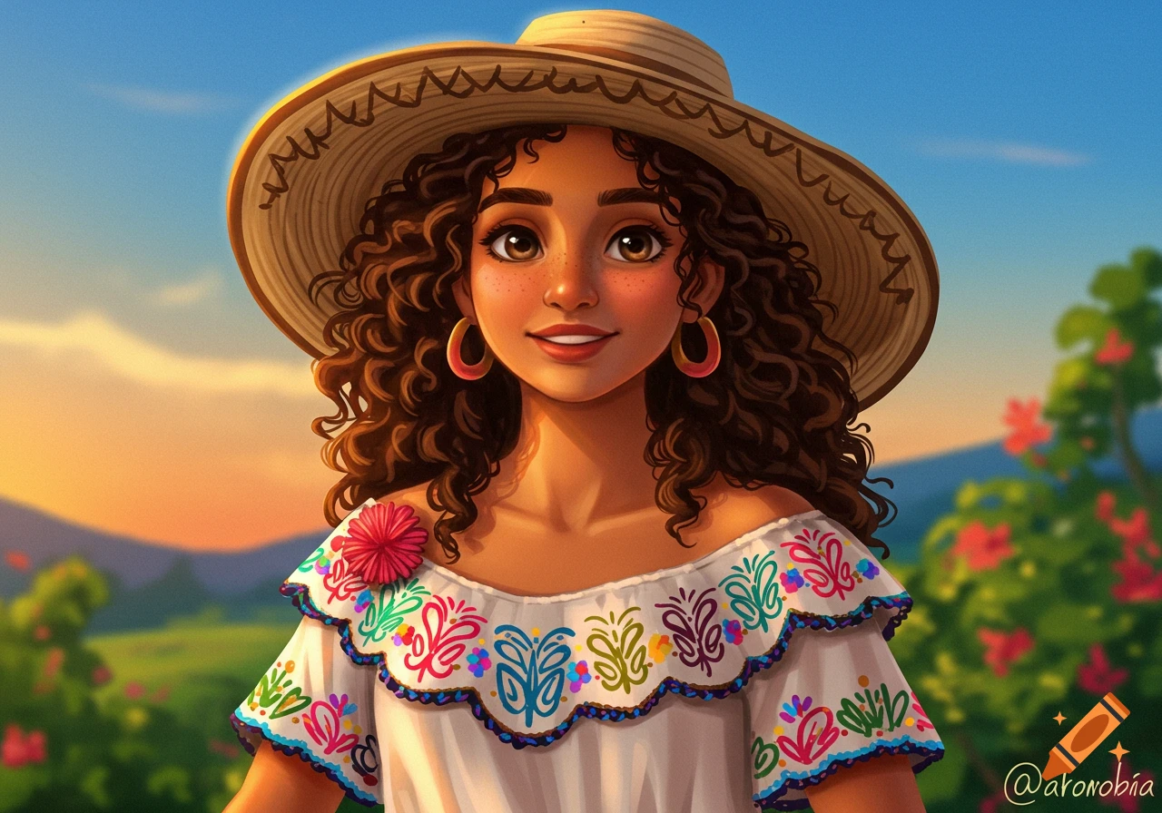 A young woman with curly hair and freckles wears a straw hat and an embroidered dress, smiling outdoors.