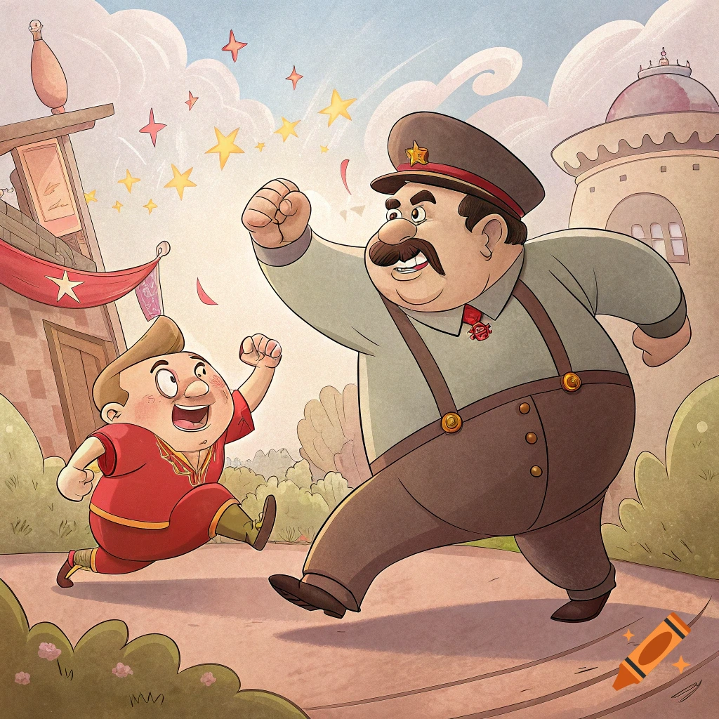 Cartoon illustration of a large man in a military uniform and a small boy running, in Studio Ghibli style.