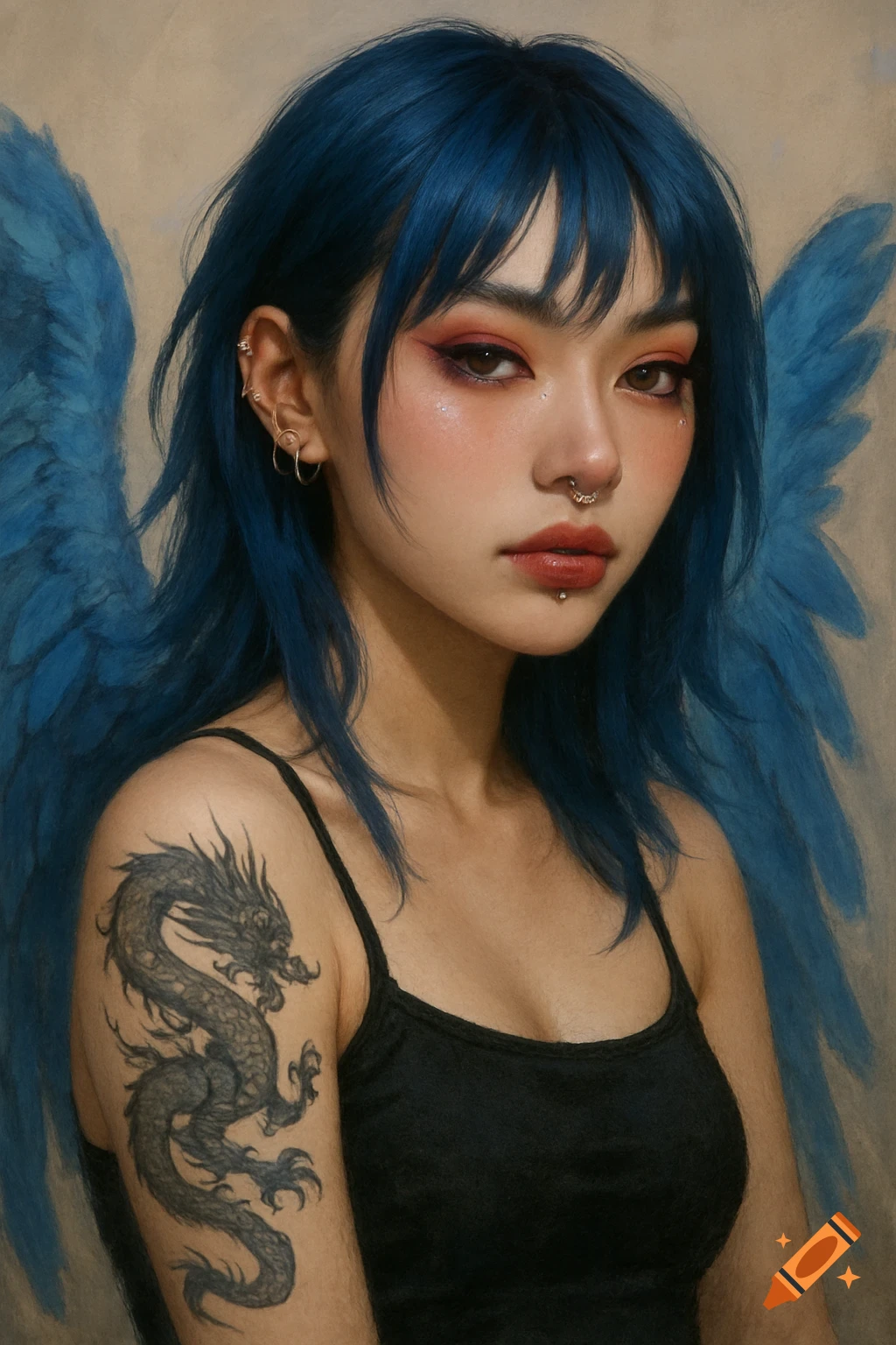 A person with blue hair, blue feathery wings, douyin makeup, piercings, and a dragon tattoo.