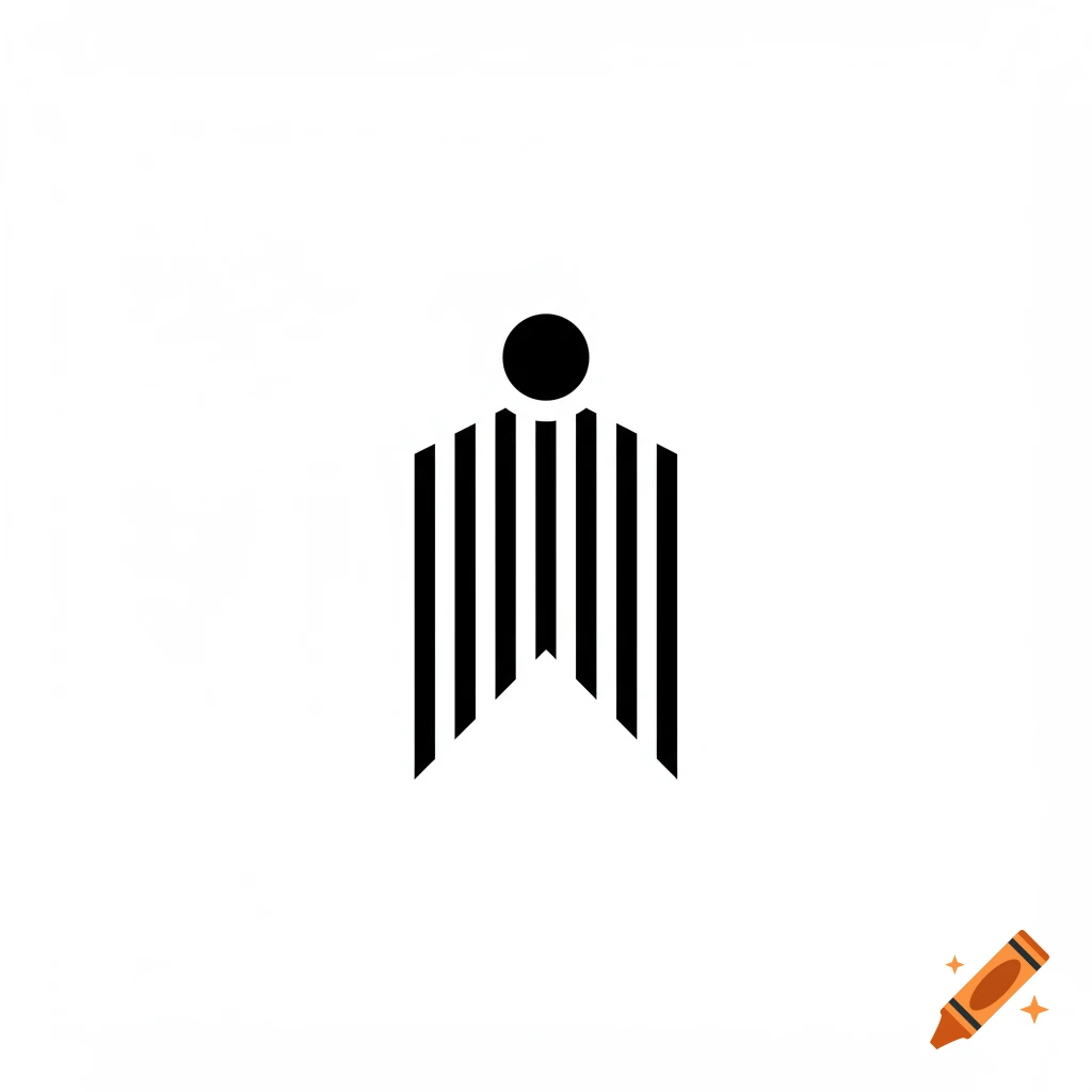 An abstract black symbol with vertical stripes and a circle.