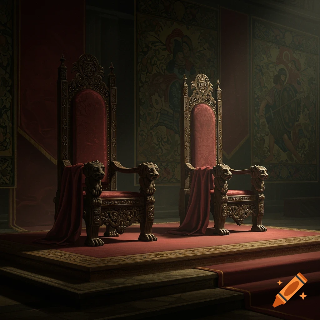 Two ornate red thrones on a platform in a grand hall with tapestries.