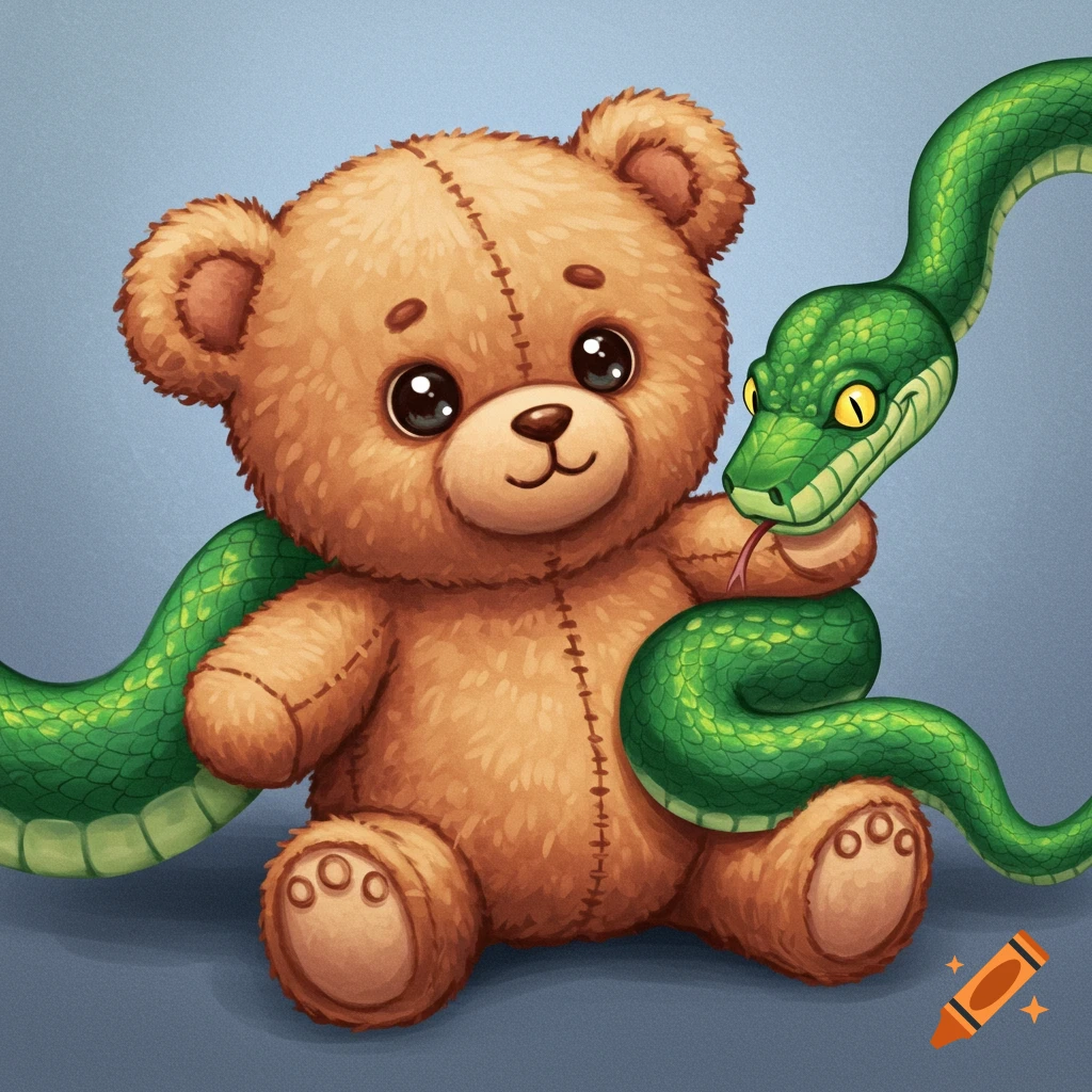 A cute cartoon teddy bear sits while a green snake is wrapped around its arm.