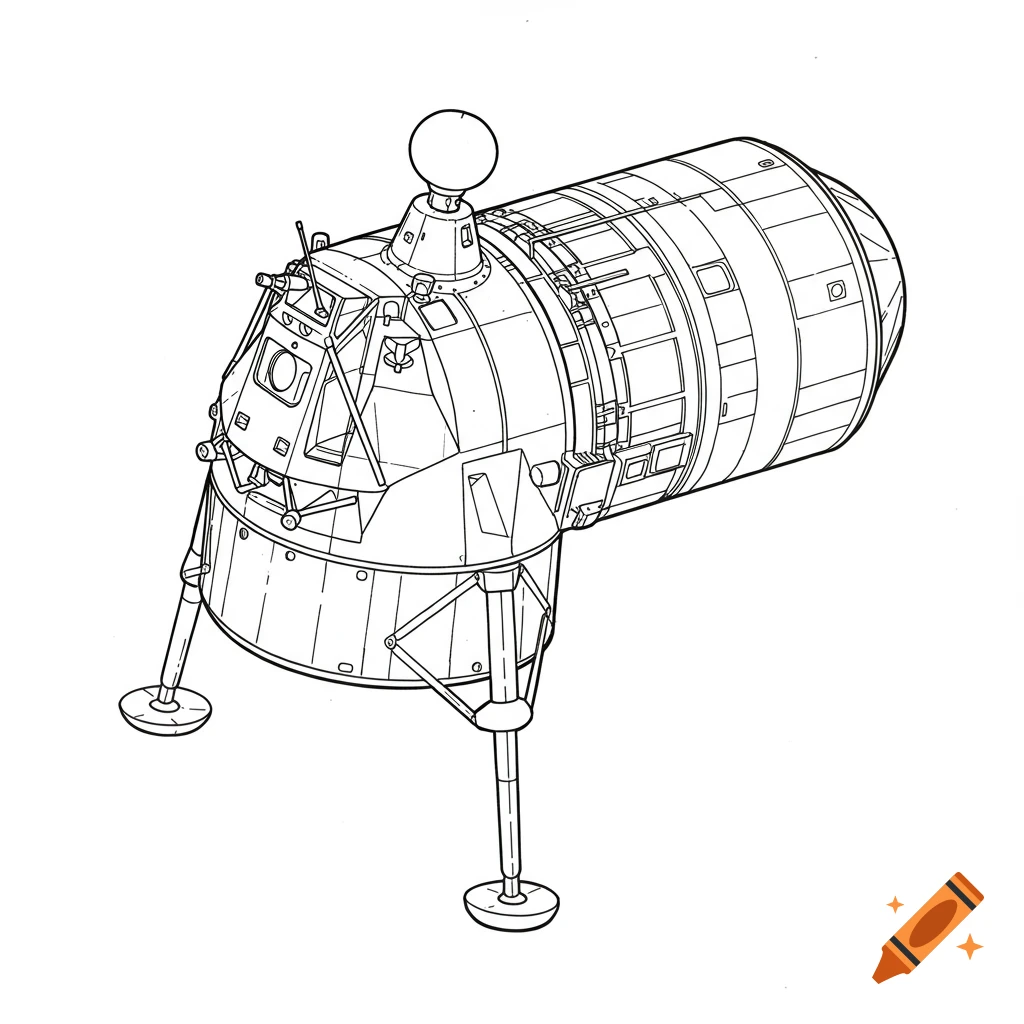 Black line drawing of an Apollo spacecraft.