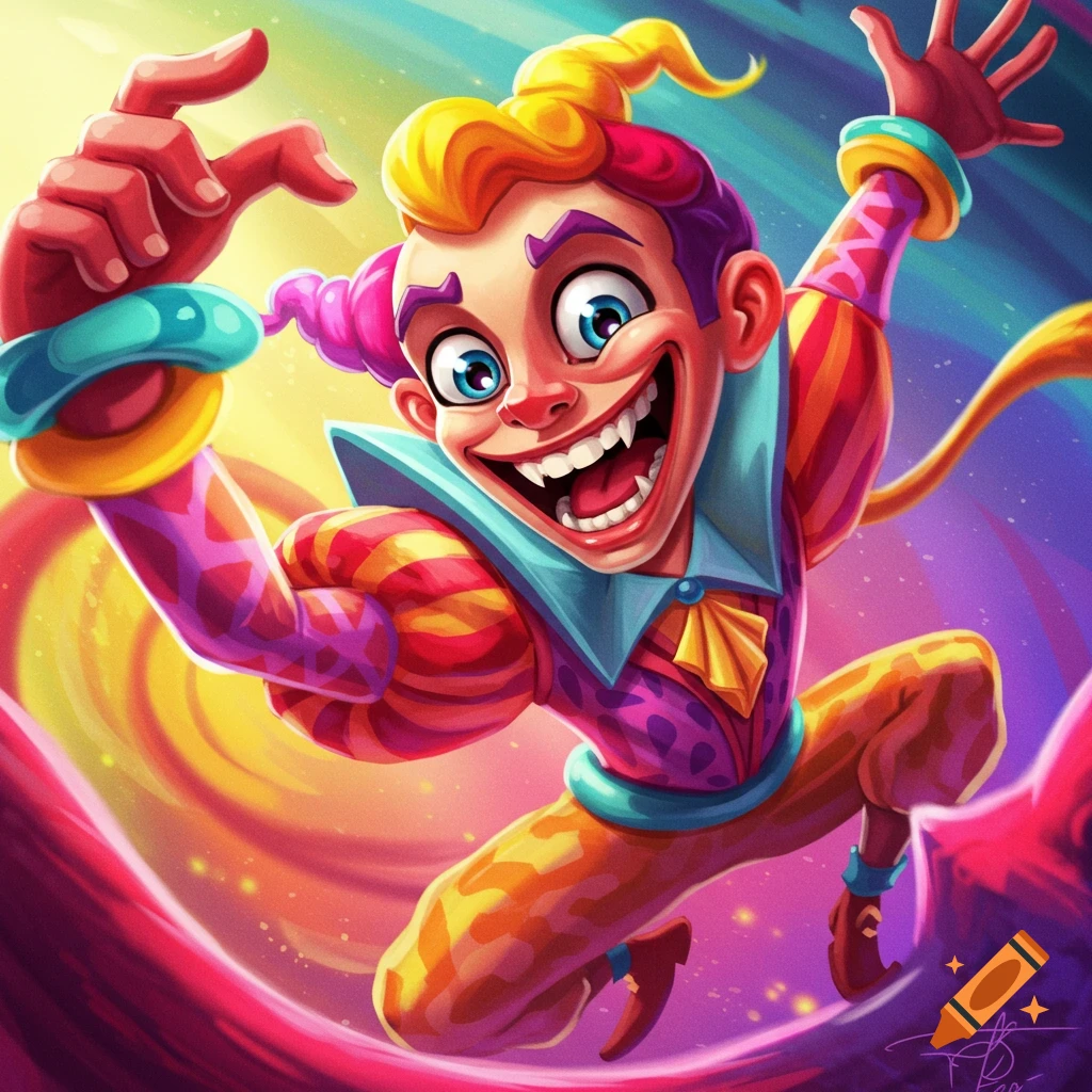 Stylized image of a colorful, grinning cartoon character in a jester or clown costume