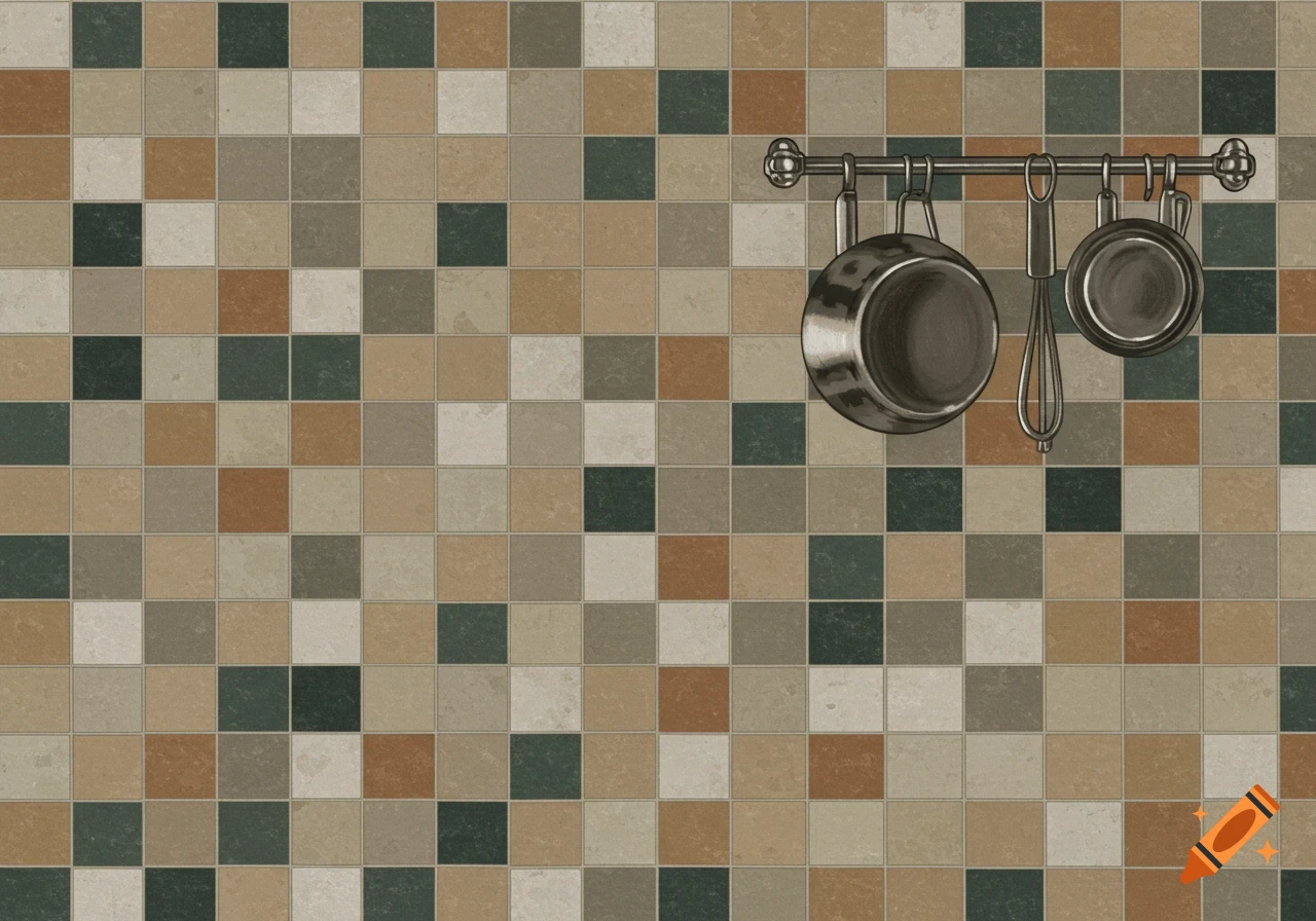 A kitchen backsplash with small square tiles and hanging pots and a whisk.