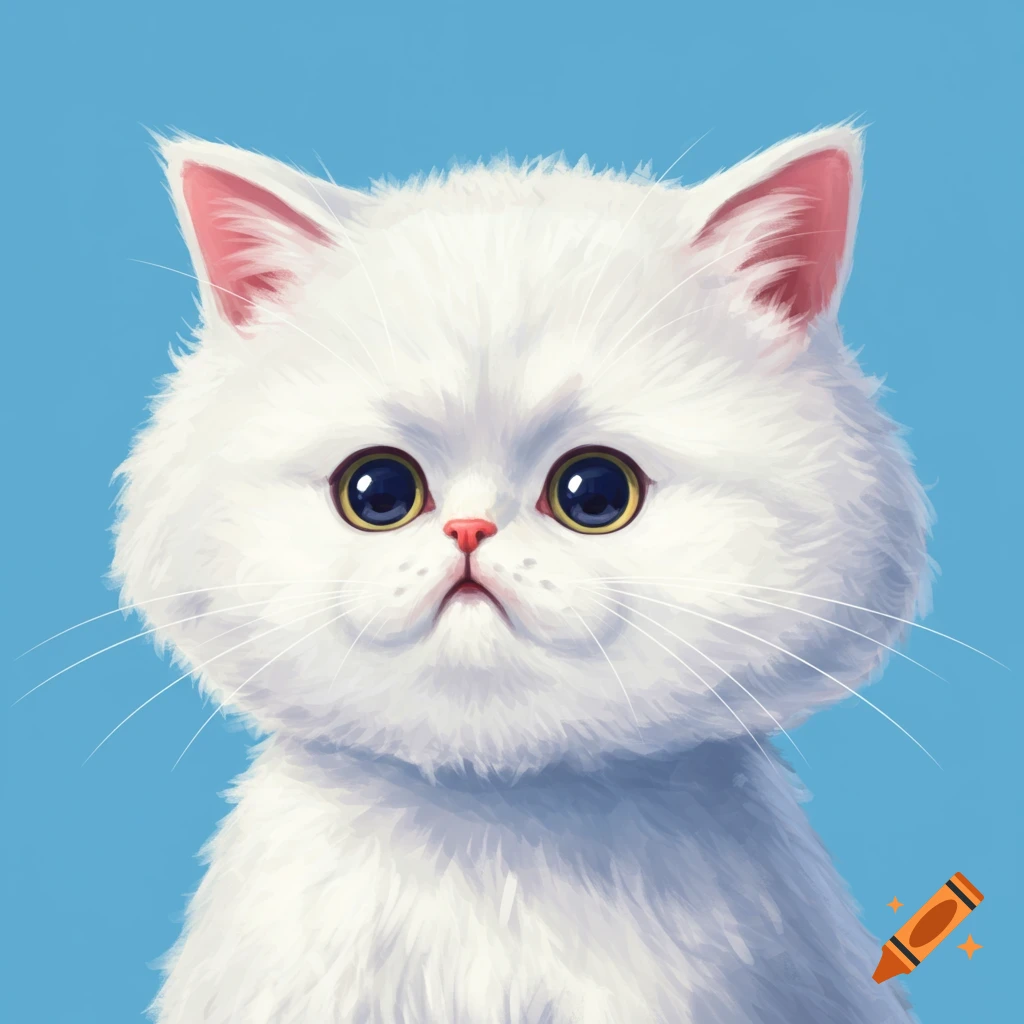A fluffy white cat with big eyes on a blue background.