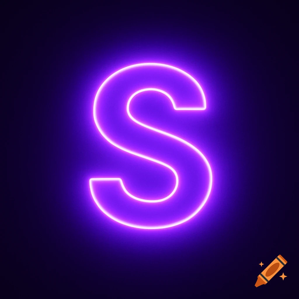 A glowing purple letter S on a dark background.