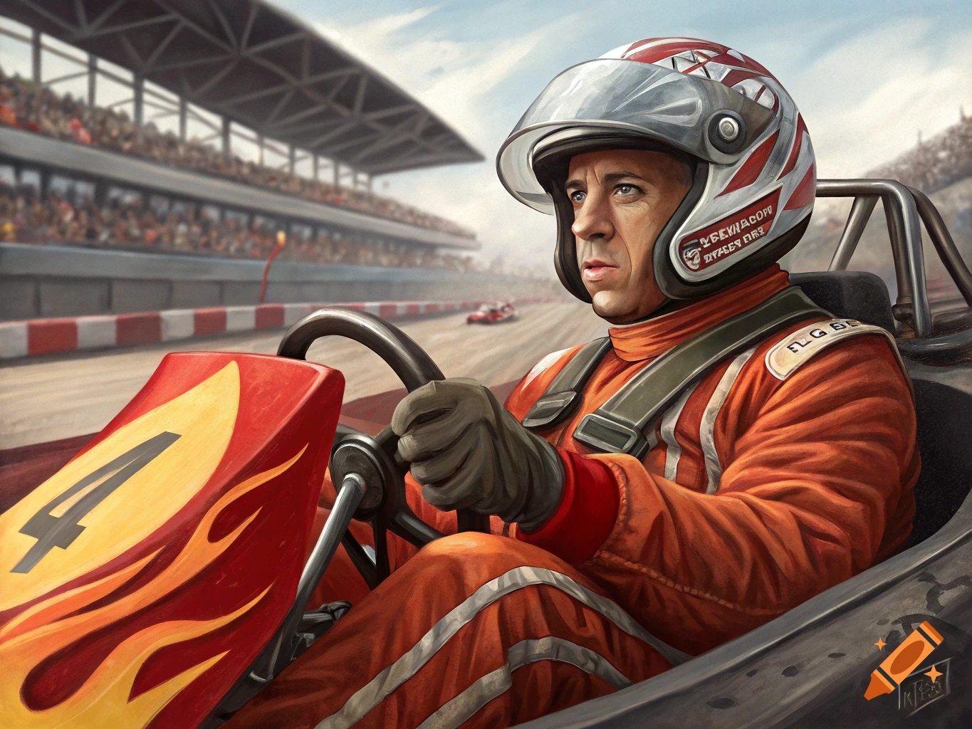 Man in an orange racing suit and helmet driving a go-kart during a race.