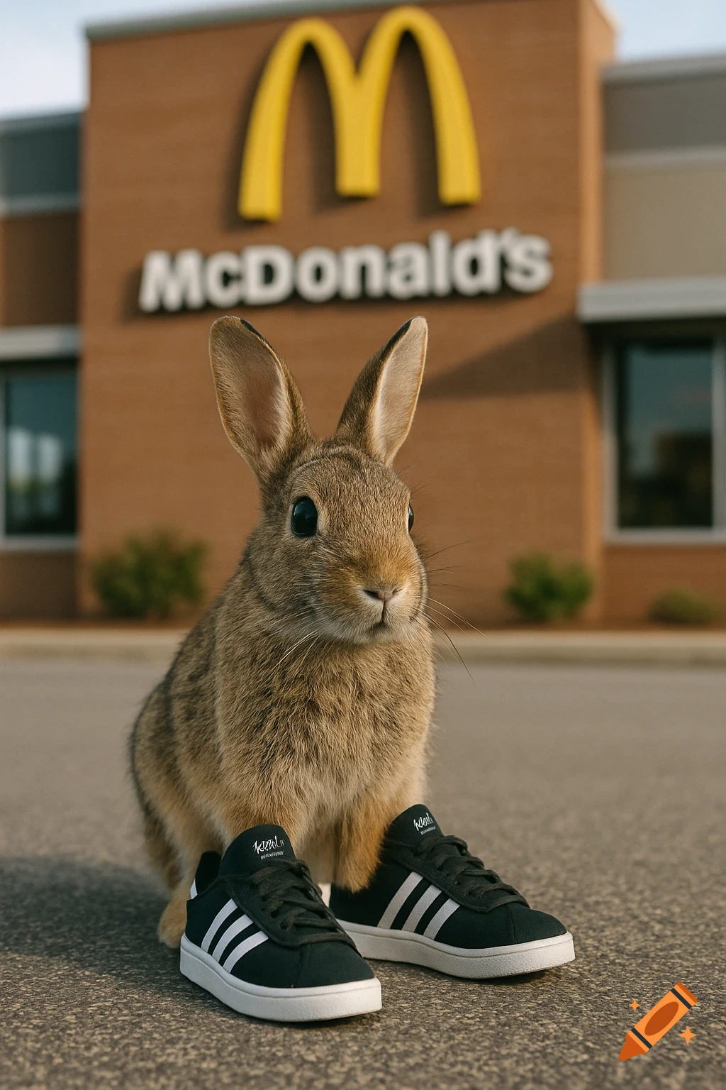 A wild bunny wearing sneakers stands in front of a McDonald's restaurant.