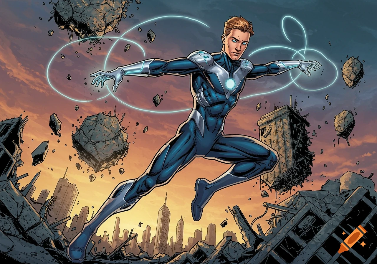 Comic art of a superhero in a blue suit using telekinesis in a ruined city.
