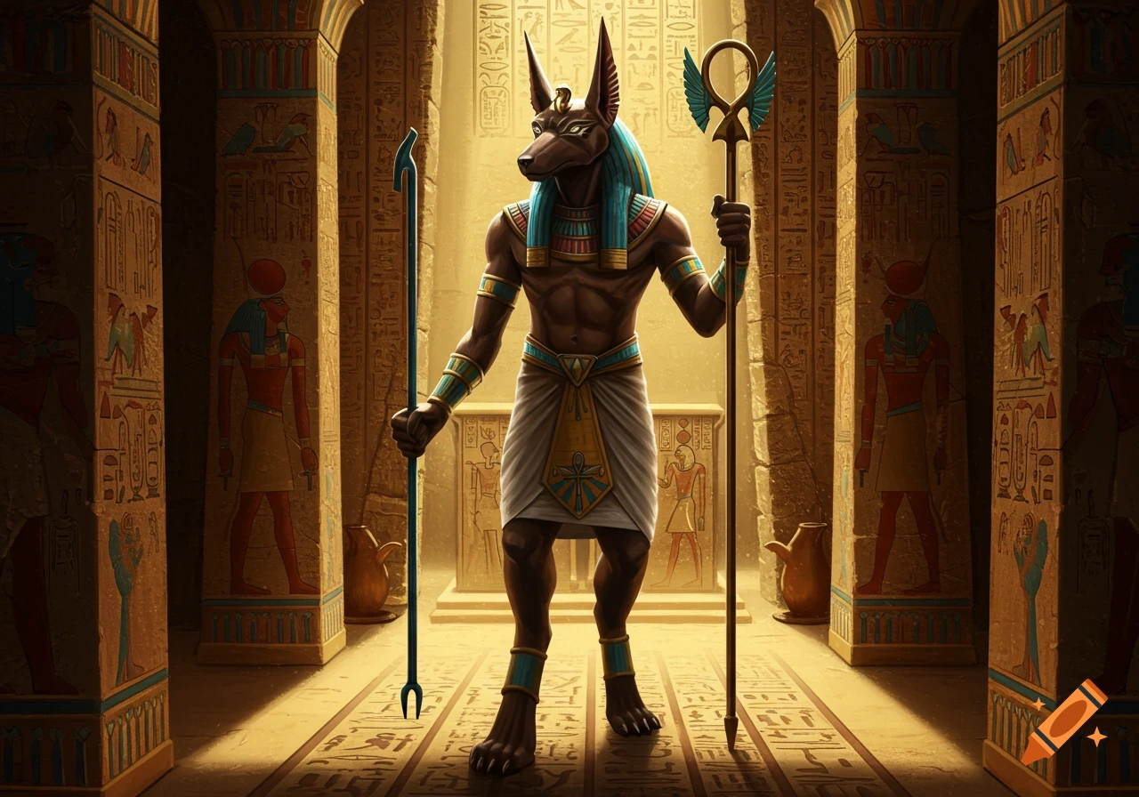 Anubis standing in an ancient Egyptian temple, digital art