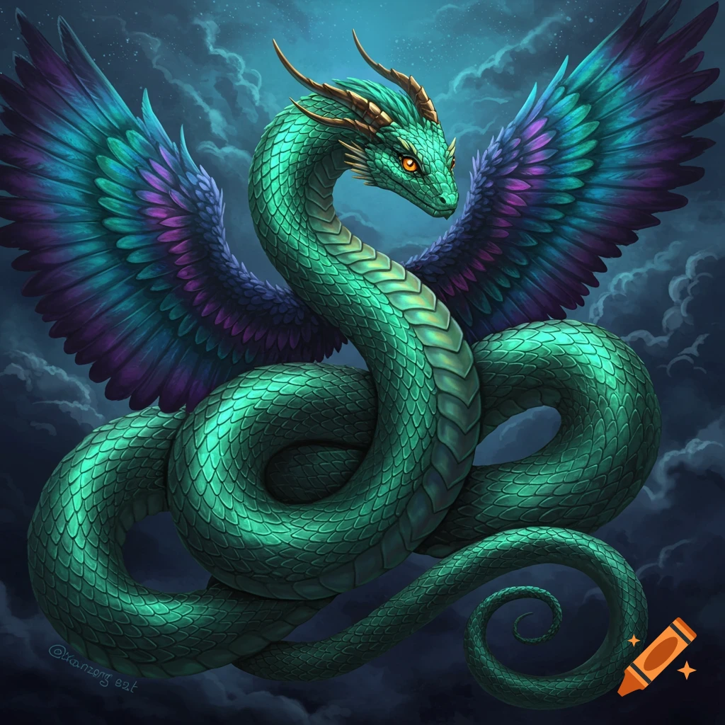 A green serpent with feathered purple and blue wings in a dark sky.