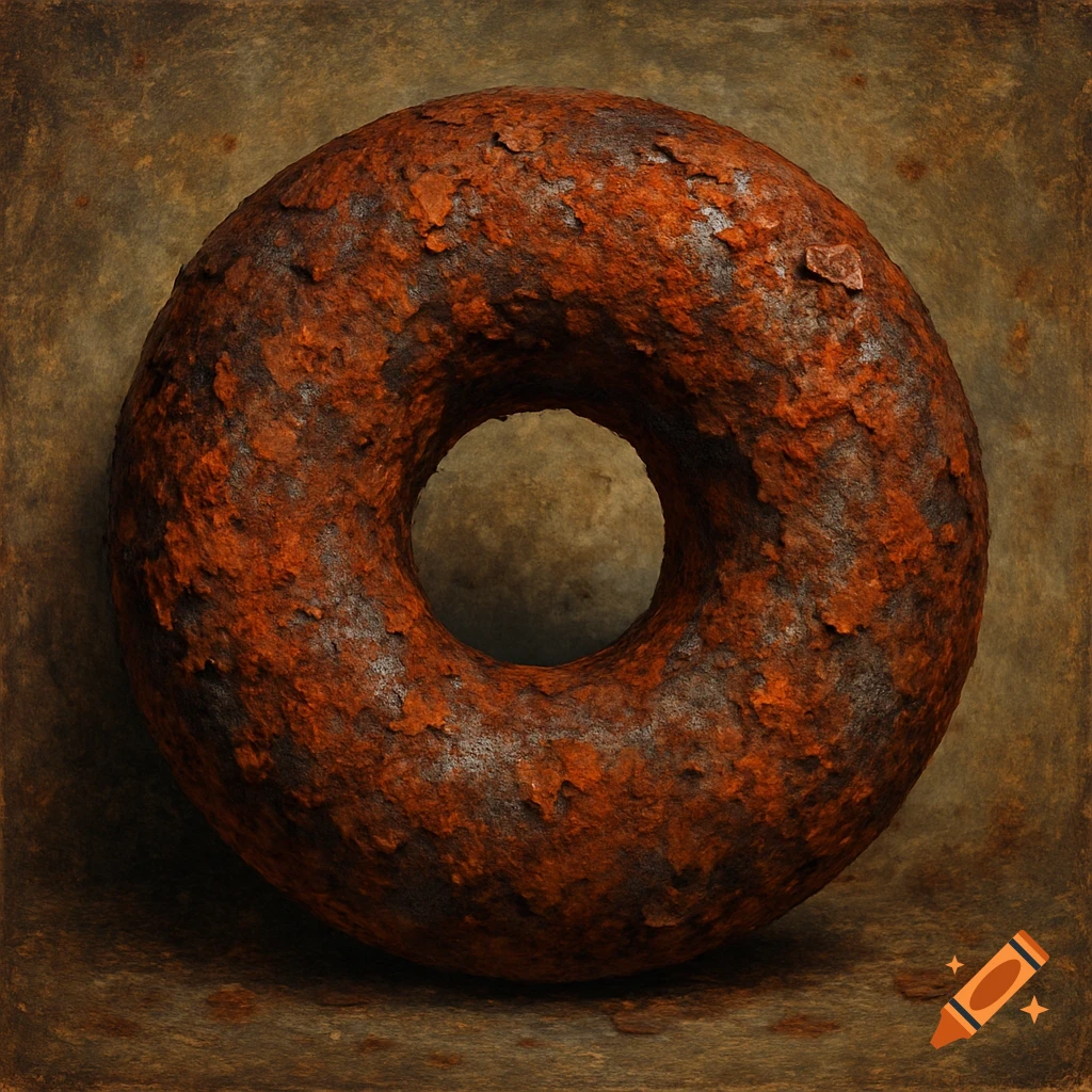 A close-up image of a heavily rusted metal ring or donut shape.