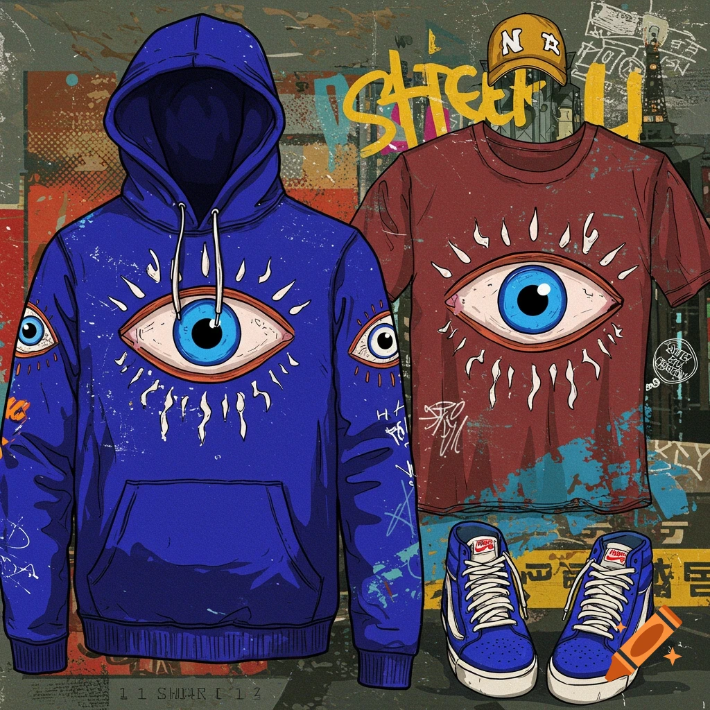 A blue hoodie and red t-shirt with evil eye designs, sneakers, and a hat against a graffiti background.