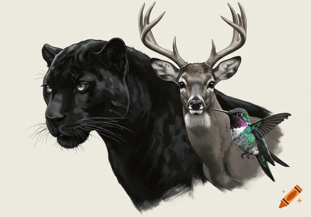 A black panther, deer, and hummingbird are depicted together.