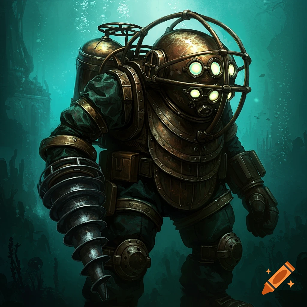 A character resembling a Big Daddy from BioShock underwater.