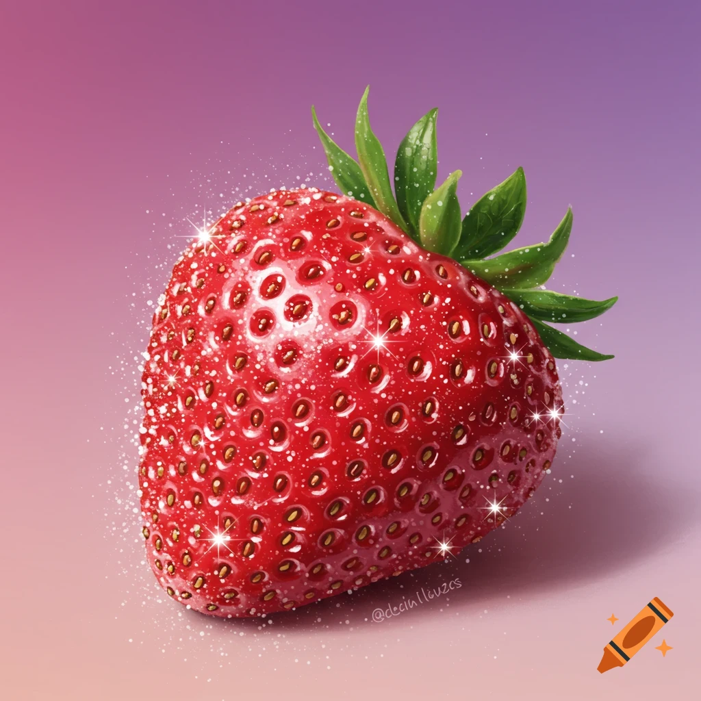 A strawberry covered in sparkling glitter on a pink and purple gradient background.