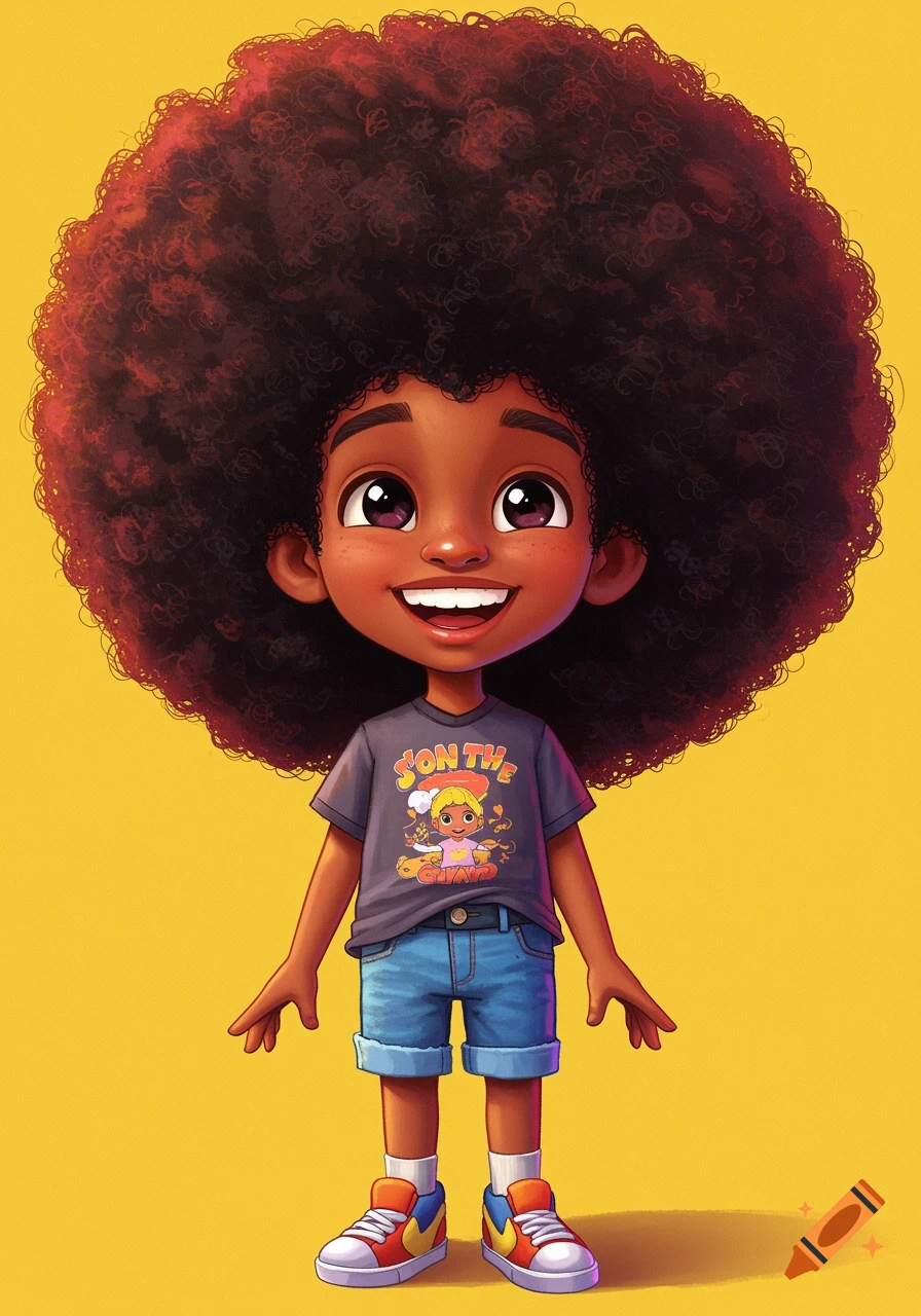 Digital illustration of a smiling young boy with a large afro, wearing a graphic t-shirt and denim shorts.