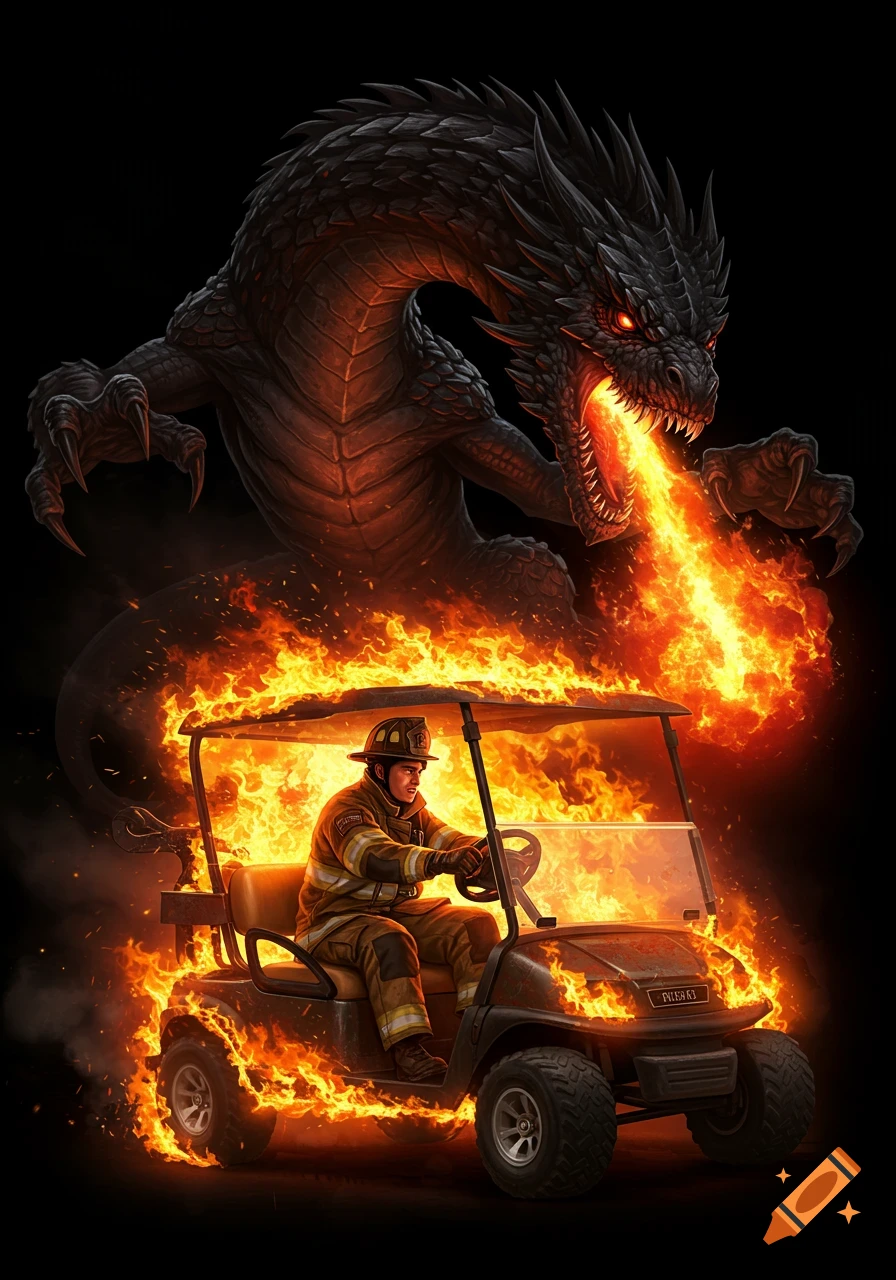 A firefighter driving a flaming golf cart with a dragon breathing fire above.