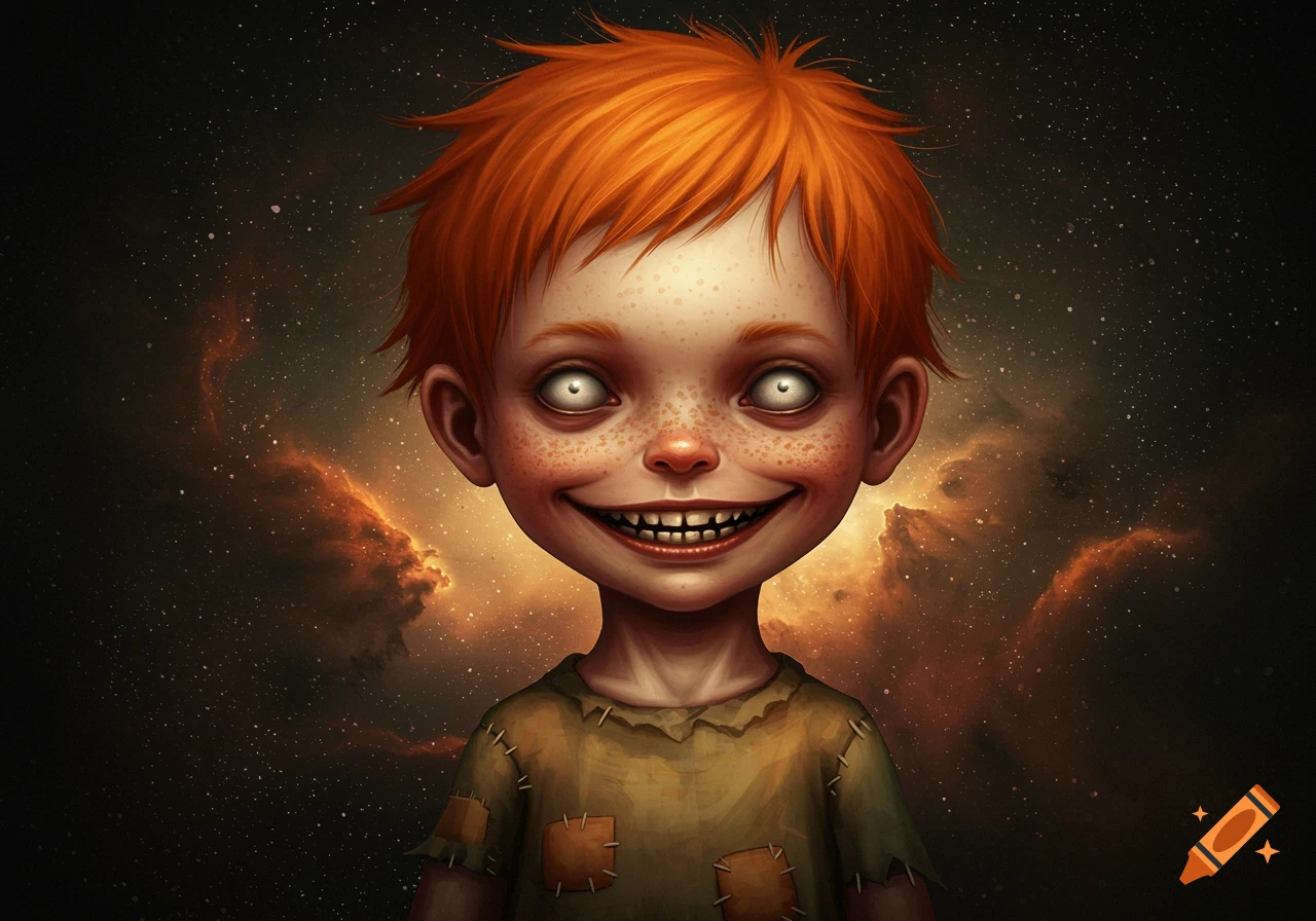 A creepy child with orange hair and a wide grin against a dark, starry sky with orange clouds.