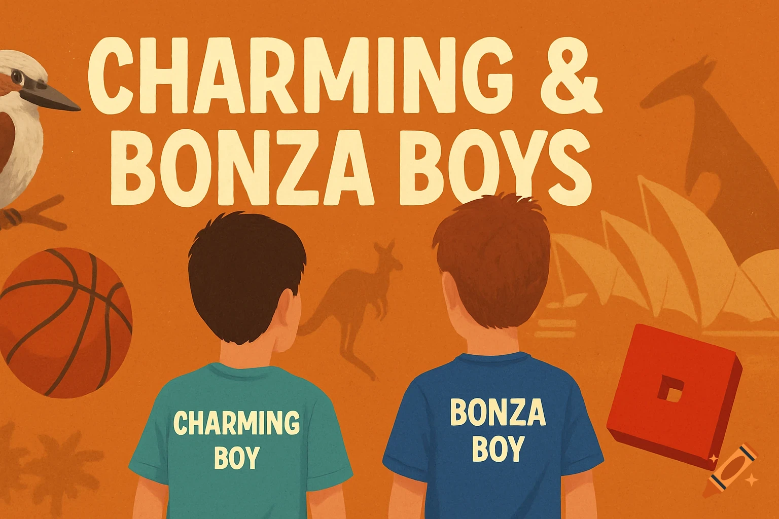 Illustration of two boys with Australian symbols, basketball, Roblox hint, and text 'Charming & Bonza Boys'