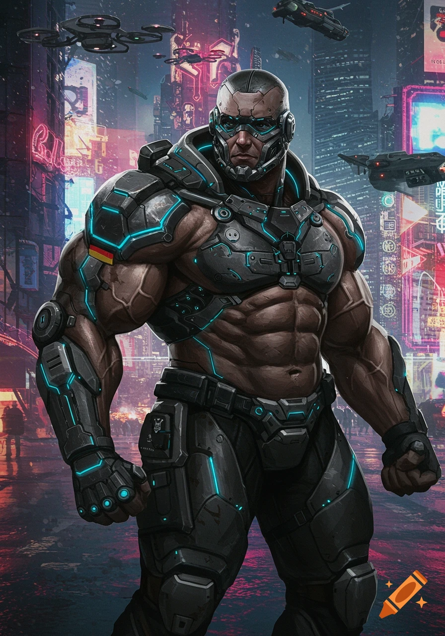 A powerful futuristic German super soldier in cybernetic armor stands in a rainy cyberpunk city.
