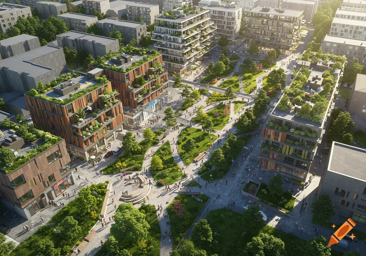 Aerial view of a modern city with green buildings, parks, and pedestrians